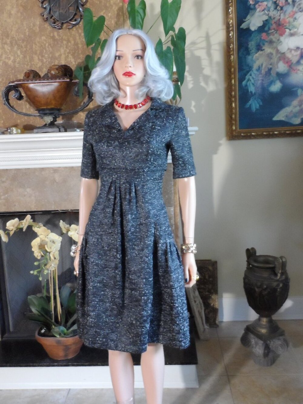 New Oscar de la Renta Black Metallic Tweed Pleated Dress Size 4